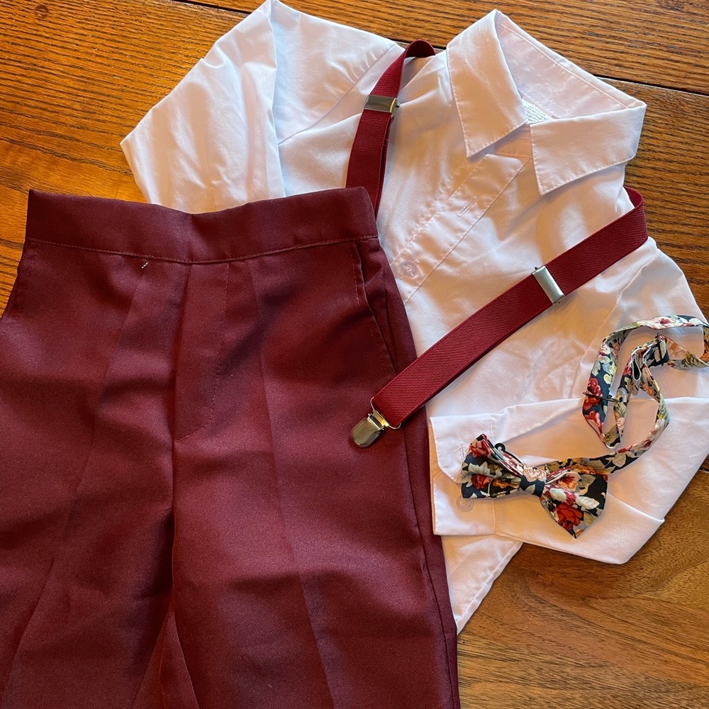 Burgundy boys suspender and pants set - 5t and 3t